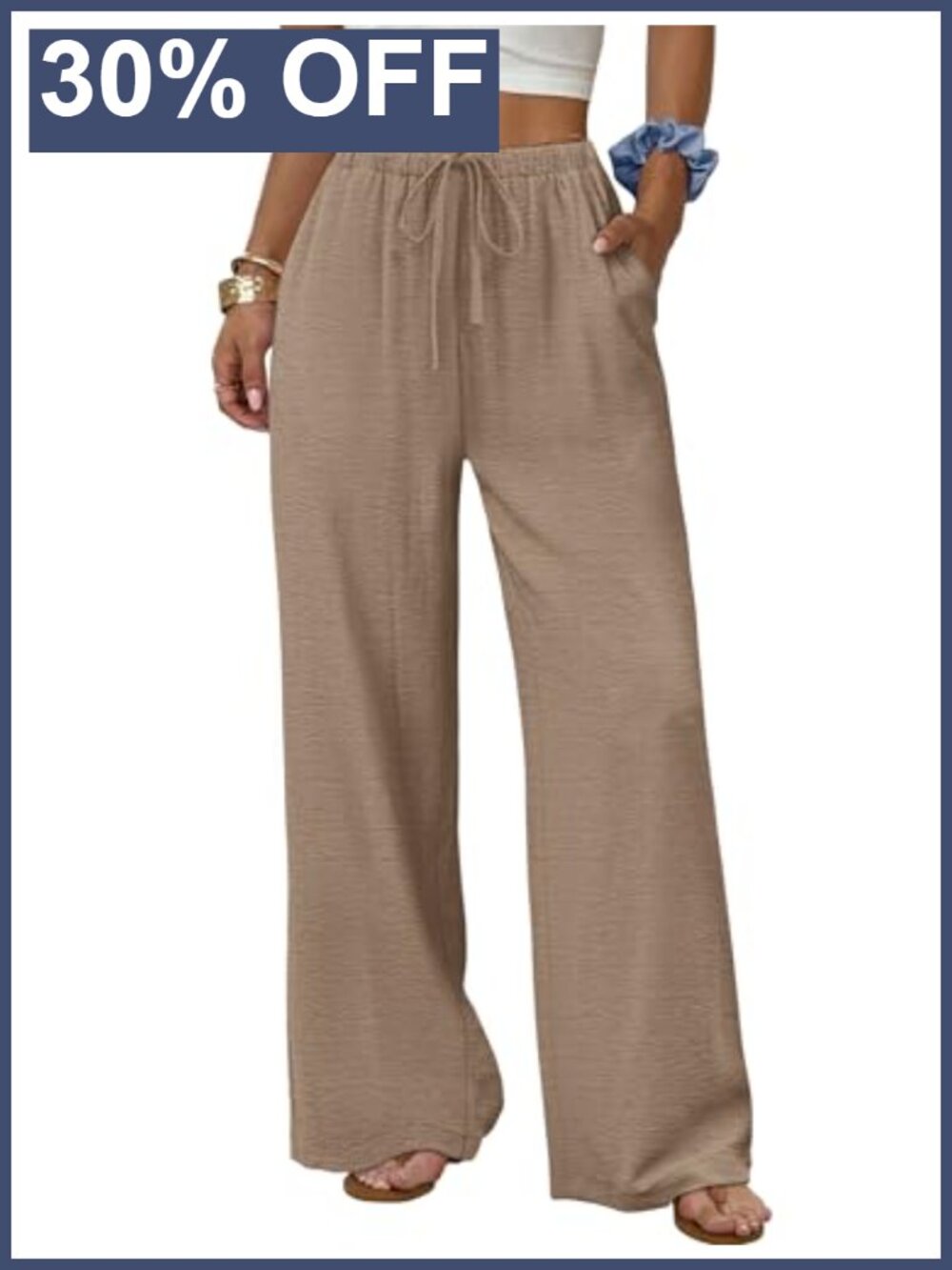 Wide Leg Palazzo Pants Drawstring Elastic Waist Trousers with Pockets